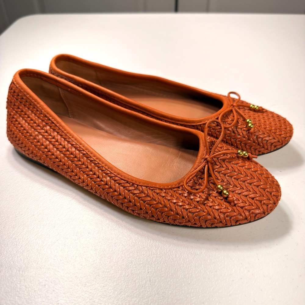 Joie Aimee Woven Leather Ballet Flats Orange Woven Bow Detail Size 8M
